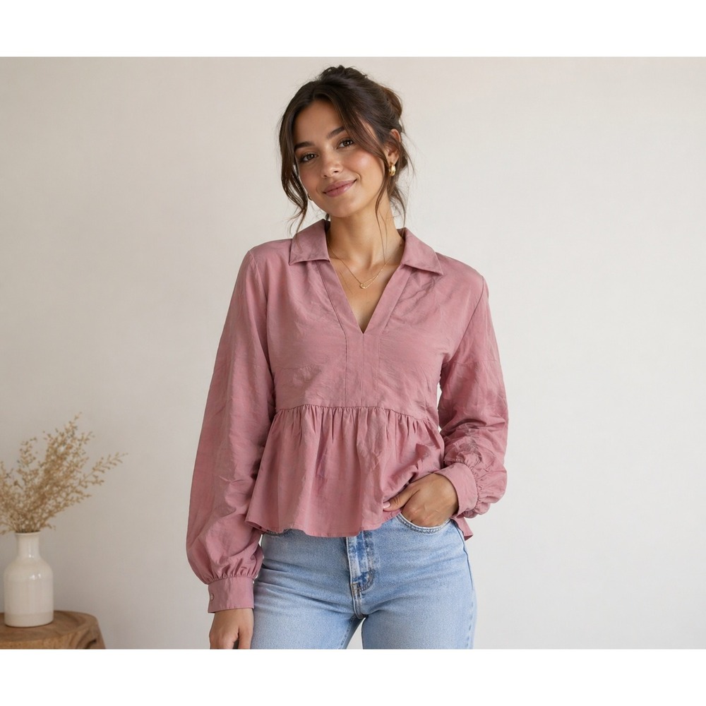 Free The Roses Peplum Blouse Womens Small Mauve Pink V-Neck Babydoll Top Boho